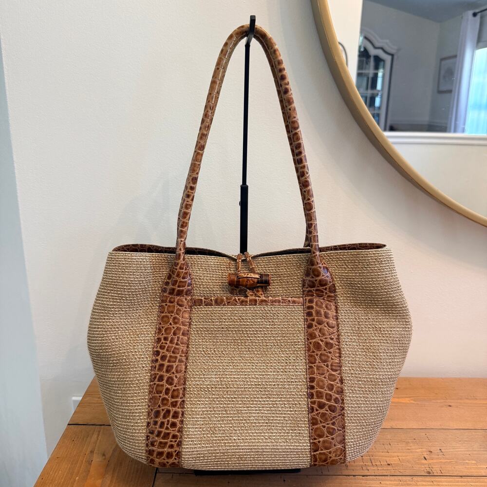 Eric Javits Luxury Squishee Tote Straw Bag Brown Crocodile Leather Trim